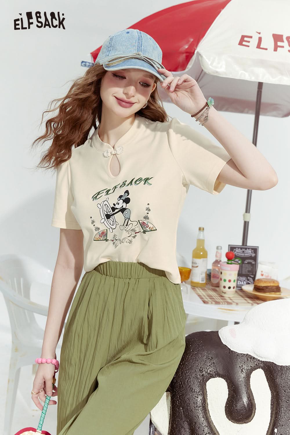 ELFSACK Water drop collar Chinese style tight apricot slim shoulder short sleeve T-shirt