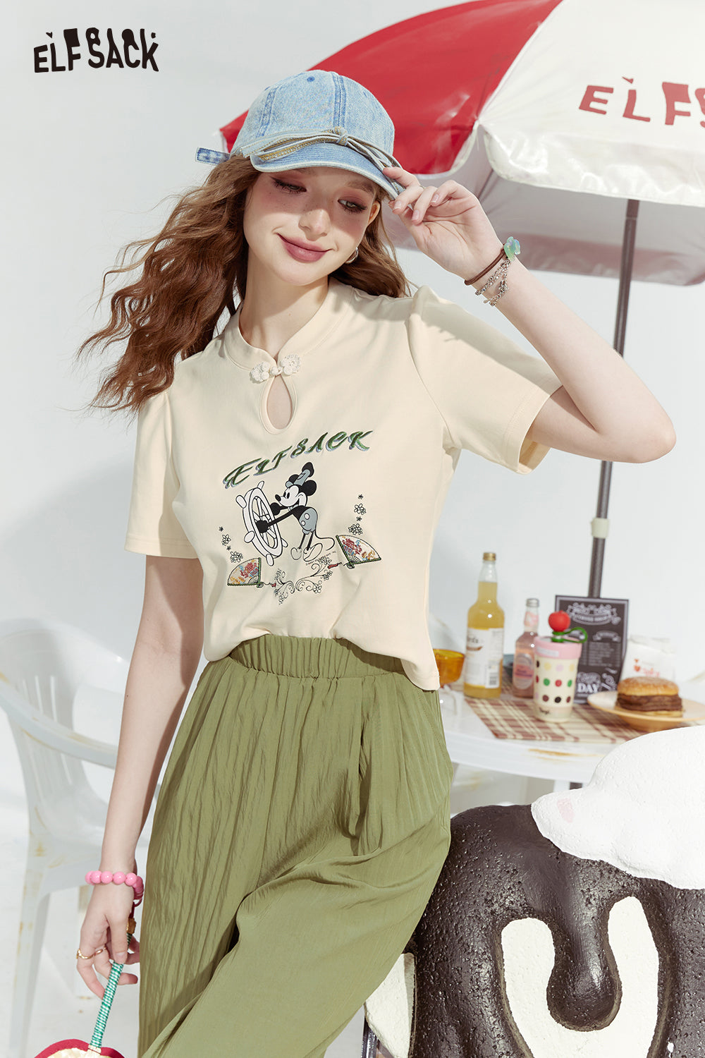 ELFSACK 2024 Summer New Water drop collar new Chinese style tight apricot slim shoulder short sleeve T-shirt for women