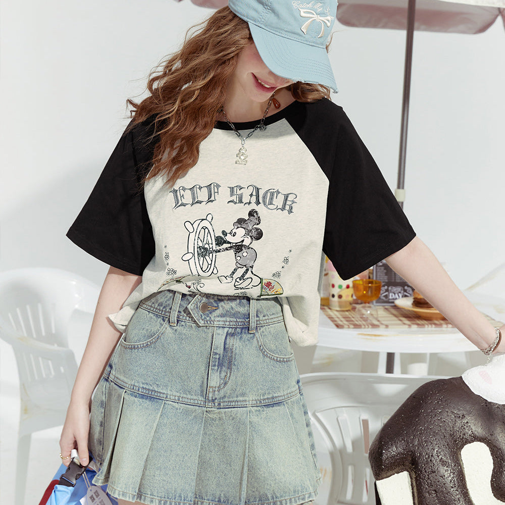 ELFSACK 2024 Summer New Mickey mottled print contrast color raglan versatile short sleeve T-shirt for women