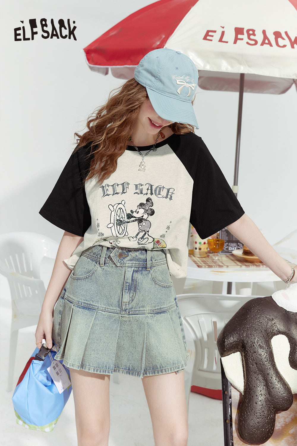 ELFSACK 2024 Summer New Mickey mottled print contrast color raglan versatile short sleeve T-shirt for women