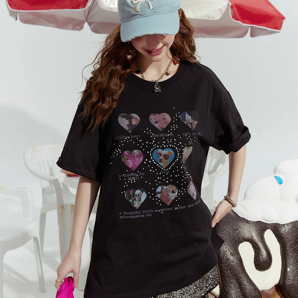 
                  
                    ELFSACK 2024 Summer New Dopamine series fashionable gentle love print loose short-sleeved T-shirt for women
                  
                