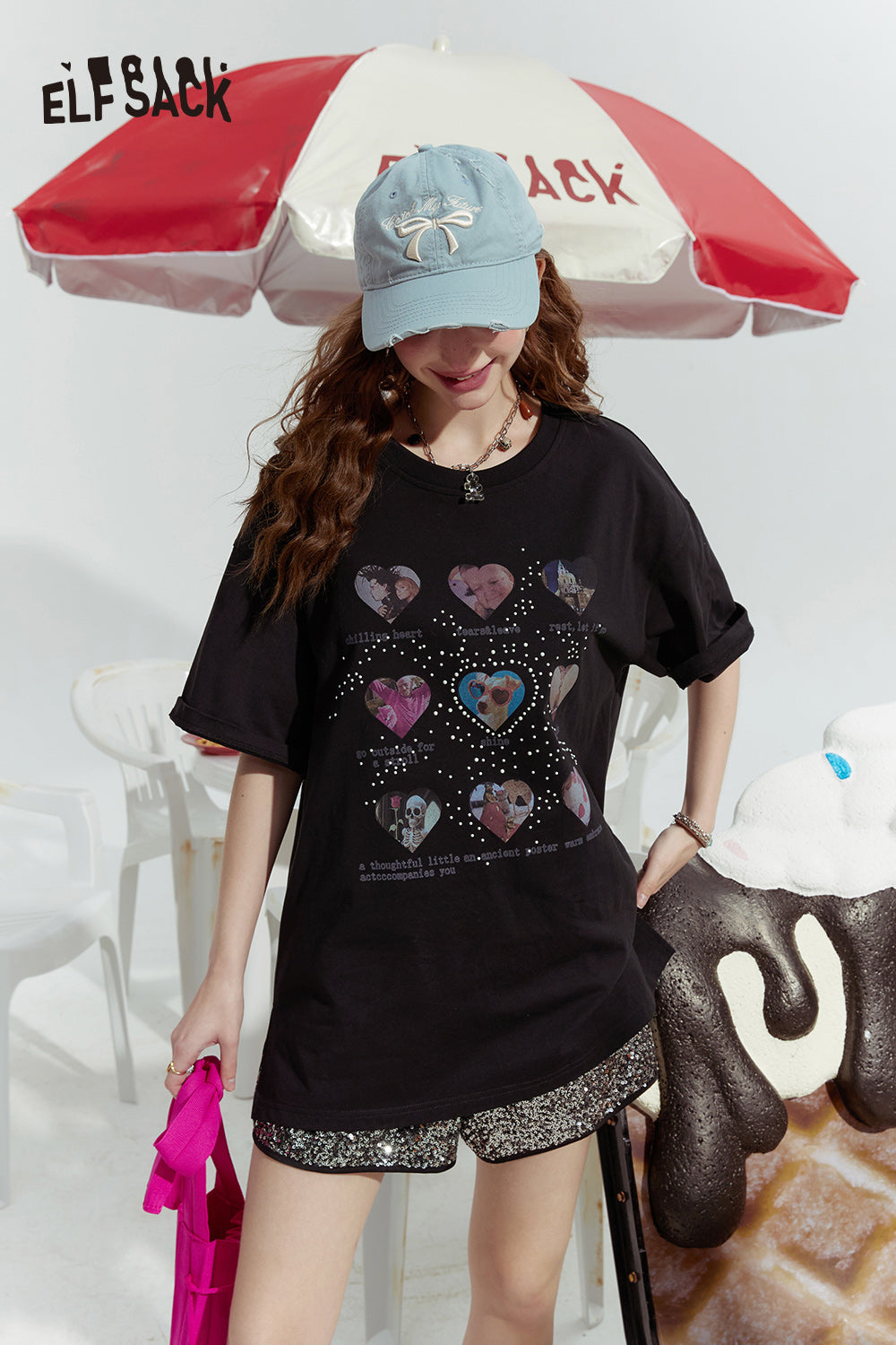 
                  
                    ELFSACK 2024 Summer New Dopamine series fashionable gentle love print loose short-sleeved T-shirt for women
                  
                