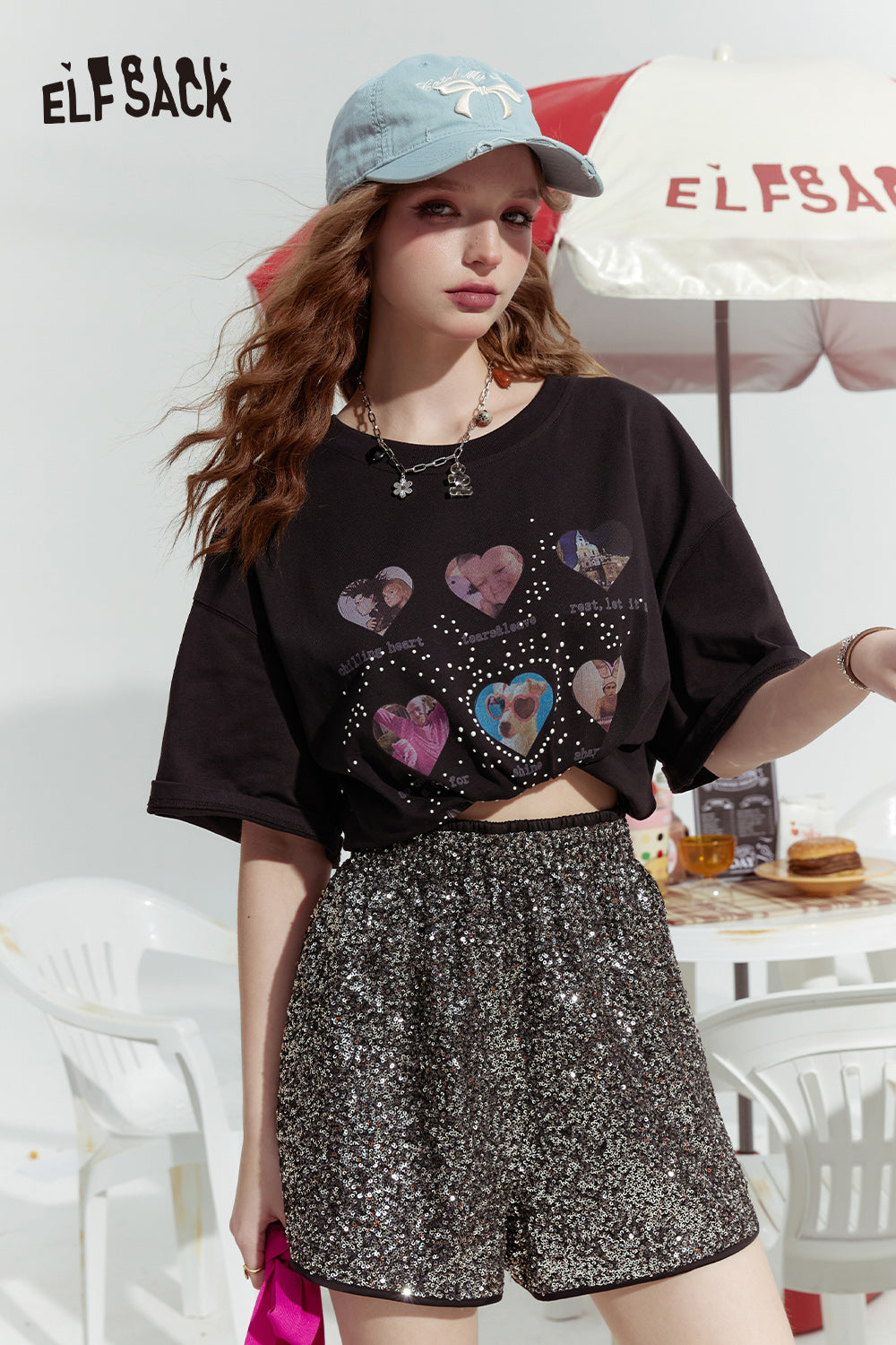 ELFSACK Dopamine series fashionable gentle love print loose short-sleeved T-shirt