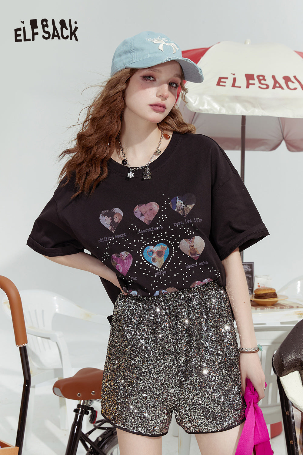 ELFSACK Dopamine series fashionable gentle love print loose short-sleeved T-shirt