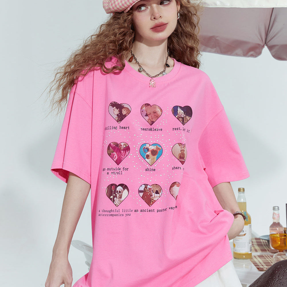 
                  
                    ELFSACK 2024 Summer New Dopamine series fashionable gentle love print loose short-sleeved T-shirt for women
                  
                