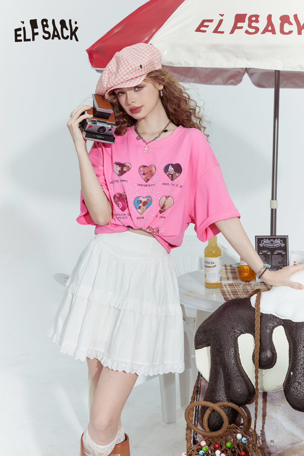ELFSACK Dopamine series fashionable gentle love print loose short-sleeved T-shirt