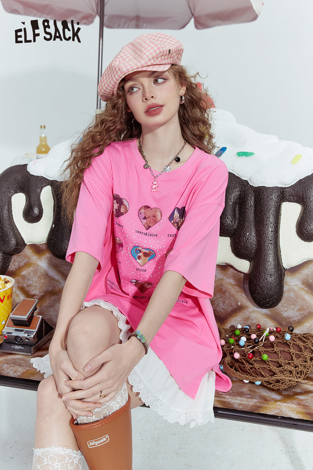 ELFSACK Dopamine series fashionable gentle love print loose short-sleeved T-shirt