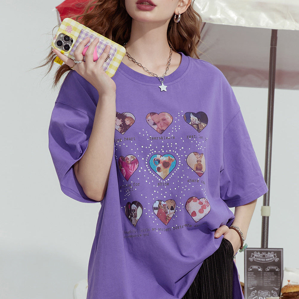 
                  
                    ELFSACK 2024 Summer New Dopamine series fashionable gentle love print loose short-sleeved T-shirt for women
                  
                