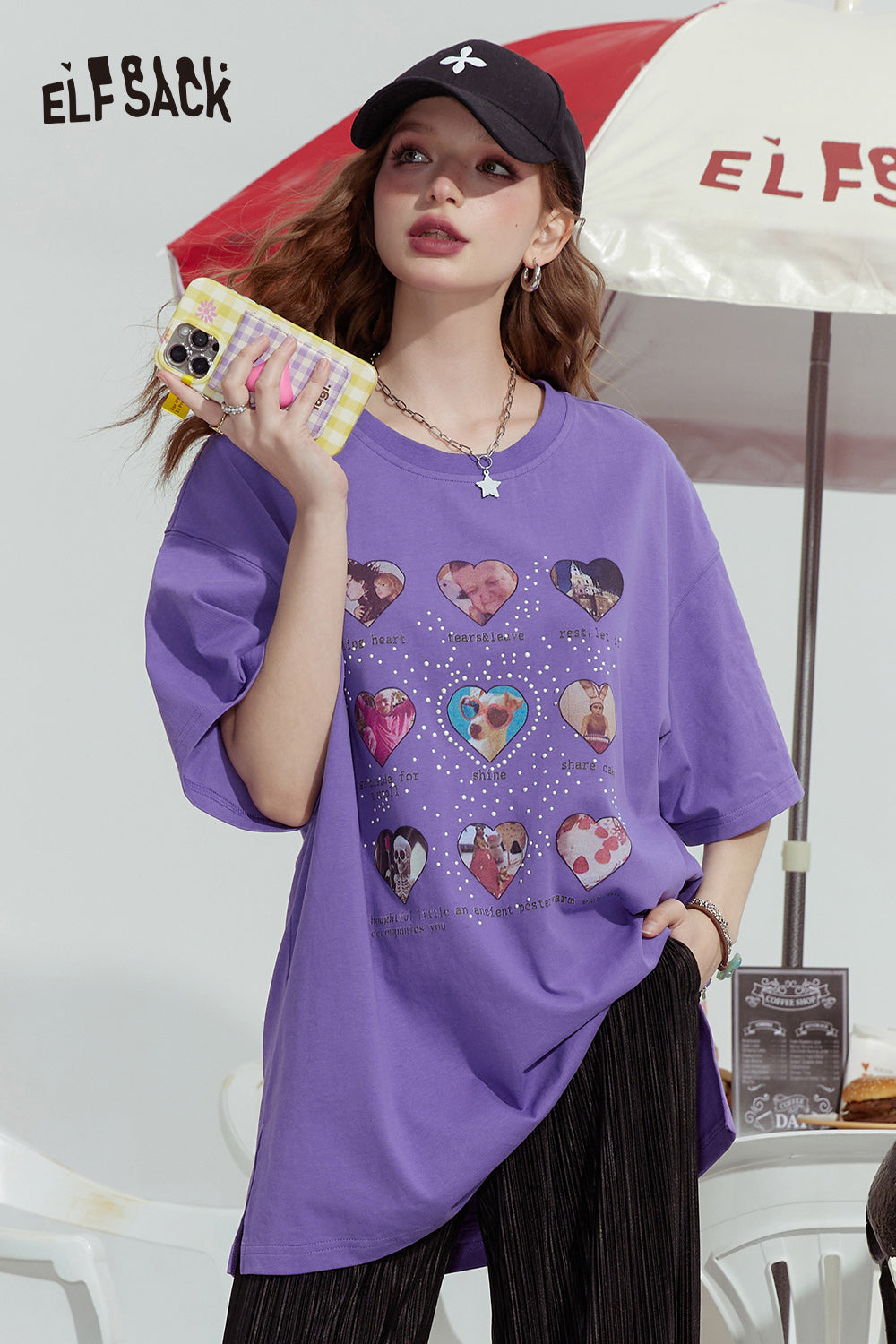 ELFSACK 2024 Summer New Dopamine series fashionable gentle love print loose short-sleeved T-shirt for women