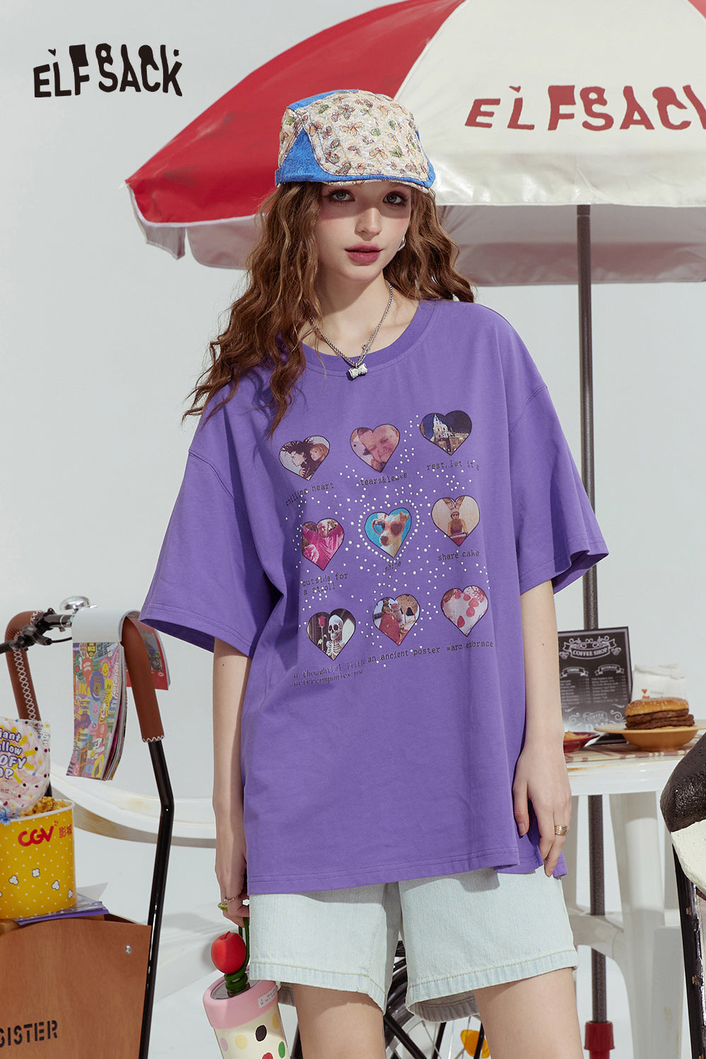 ELFSACK Dopamine series fashionable gentle love print loose short-sleeved T-shirt