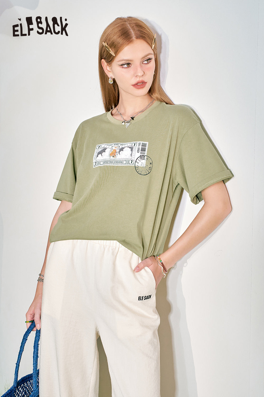 ELFSACK Loose Short sleeved T-shirt Slim and Casual Versatile Basic Top