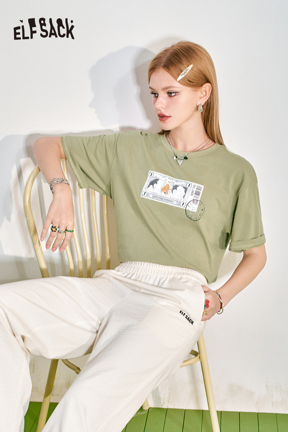 ELFSACK Loose Short sleeved T-shirt Slim and Casual Versatile Basic Top