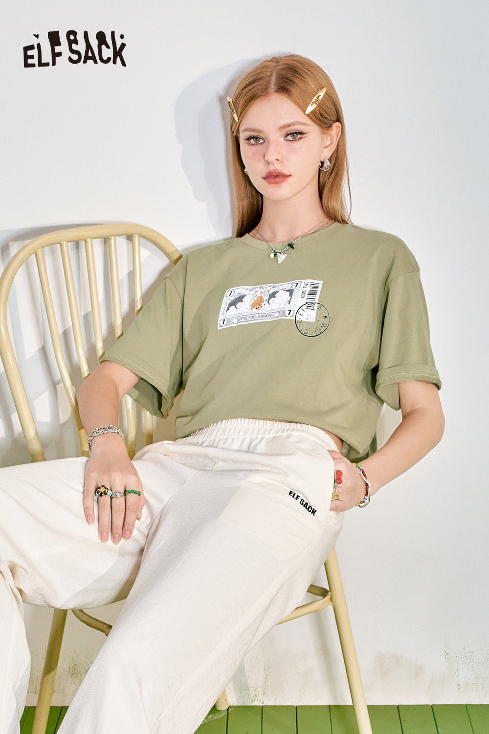 ELFSACK Loose Short sleeved T-shirt Slim and Casual Versatile Basic Top