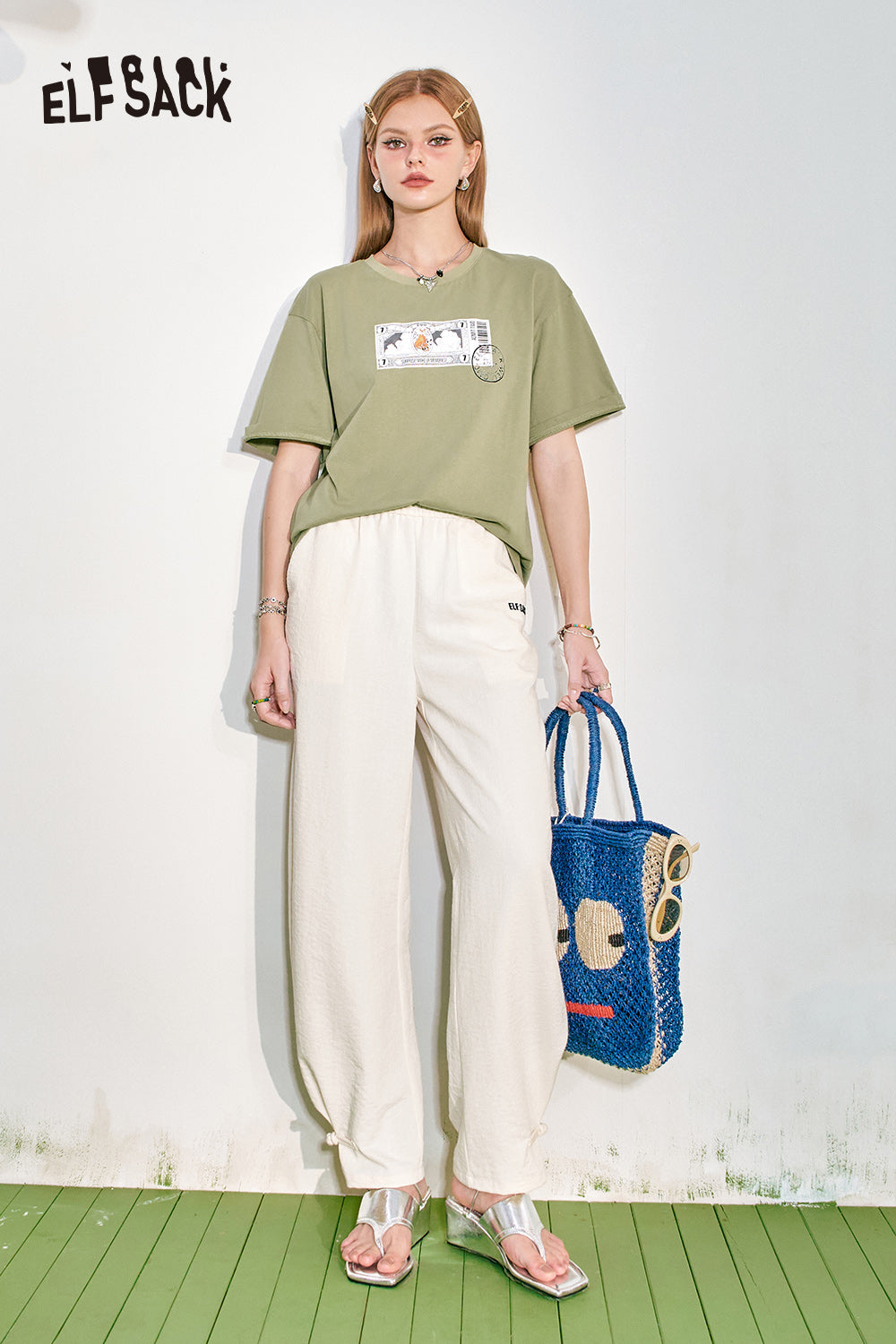 ELFSACK Loose Short sleeved T-shirt Slim and Casual Versatile Basic Top