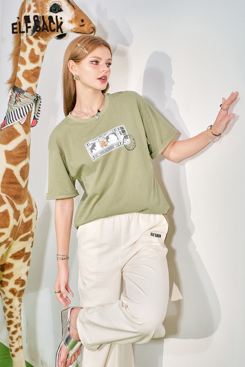 ELFSACK Loose Short sleeved T-shirt Slim and Casual Versatile Basic Top