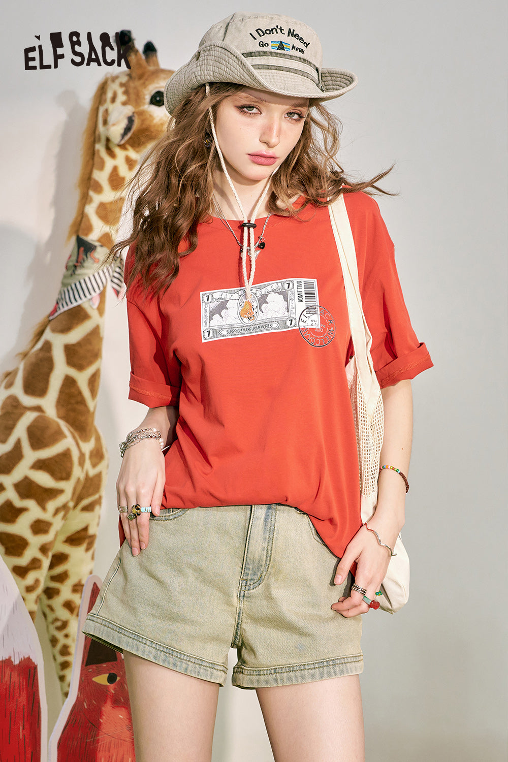 ELFSACK Loose Short sleeved T-shirt Slim and Casual Versatile Basic Top