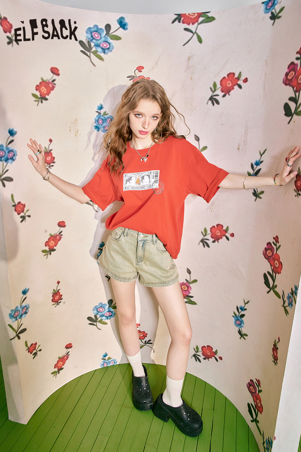 ELFSACK Loose Short sleeved T-shirt Slim and Casual Versatile Basic Top