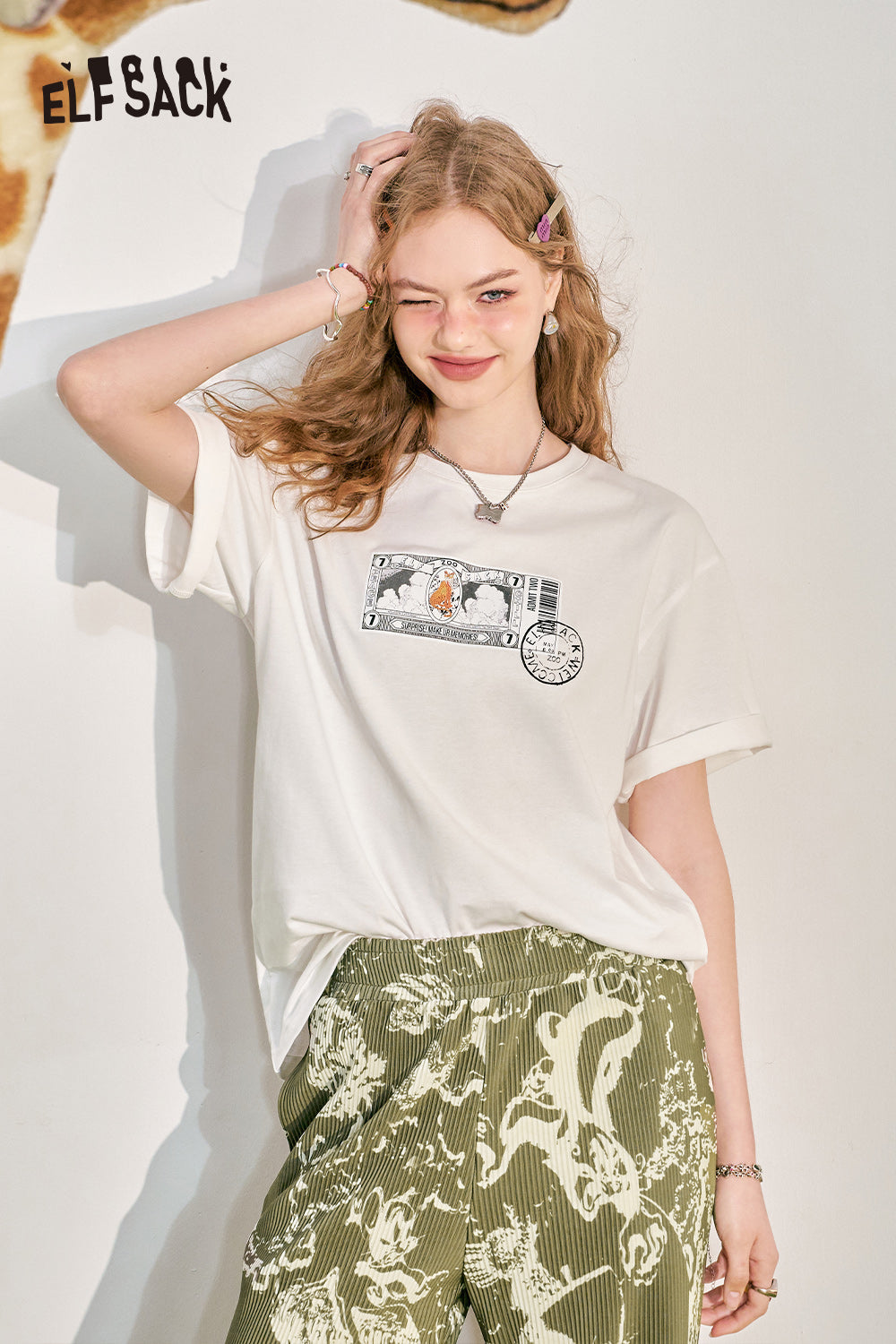 ELFSACK Loose Short sleeved T-shirt Slim and Casual Versatile Basic Top