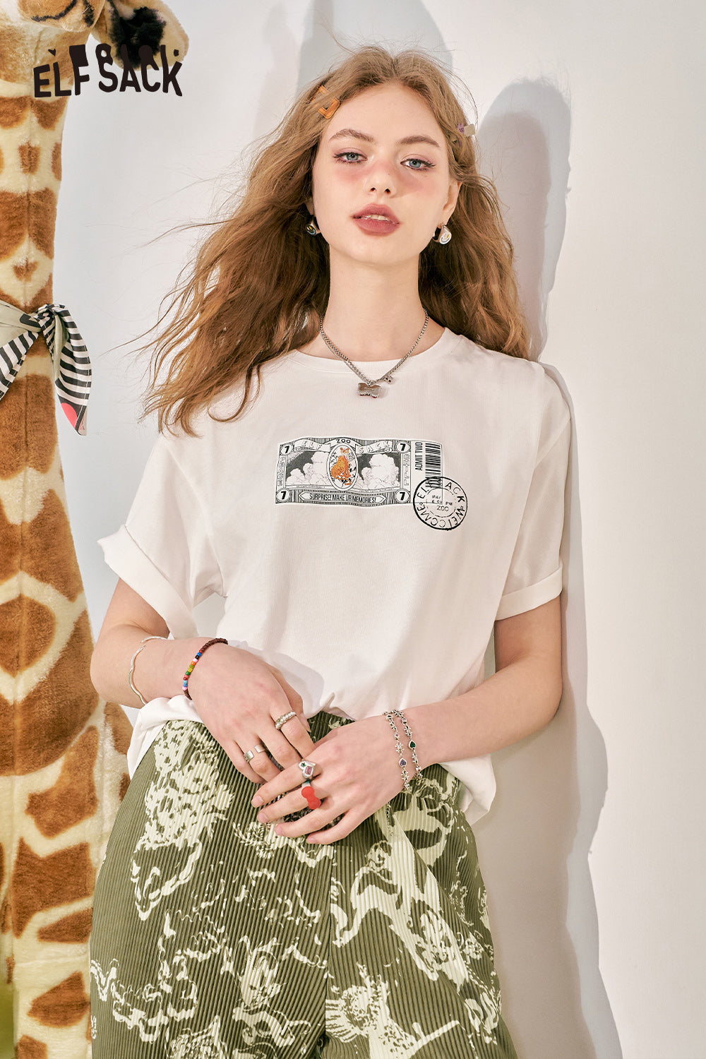 ELFSACK Loose Short sleeved T-shirt Slim and Casual Versatile Basic Top
