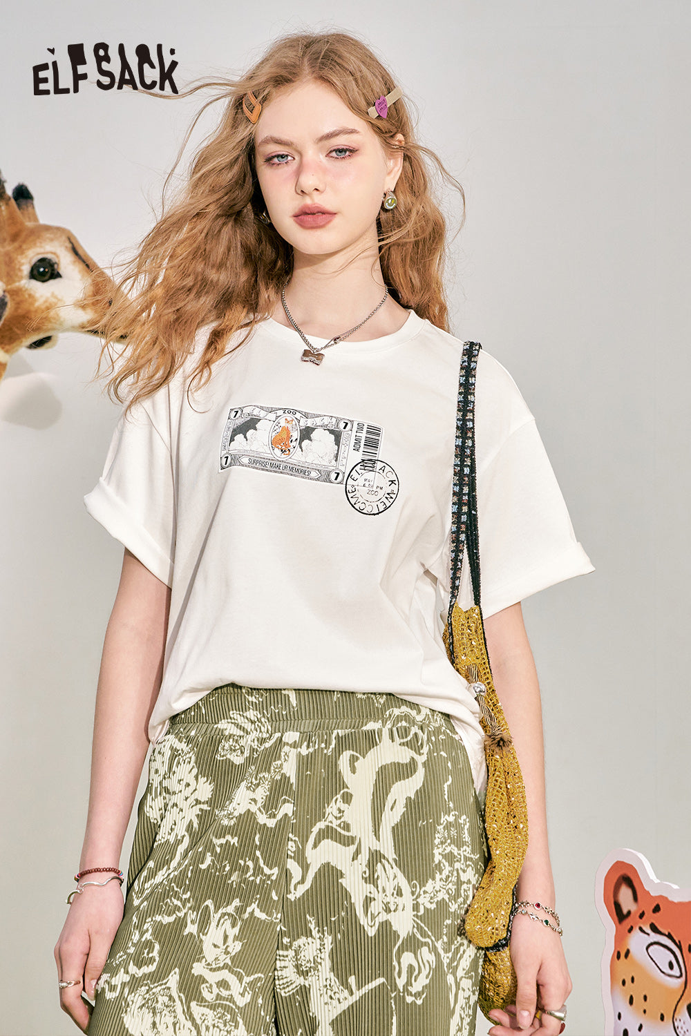 ELFSACK Loose Short sleeved T-shirt Slim and Casual Versatile Basic Top