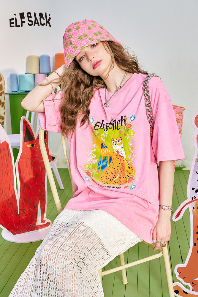 
                  
                    ELFSACK 2024 Summer New Pink Loose Casual Short sleeved T-shirt Women's Slim and Versatile Printed Top
                  
                