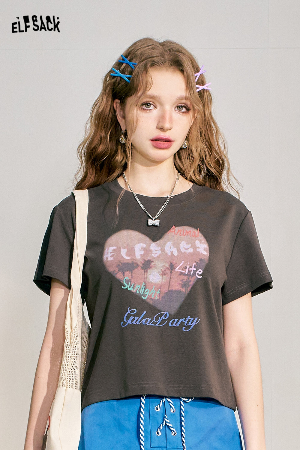ELFSACK Love Print BM Slim Fit Short Sleeve T-shirt Women's Slim Short Top