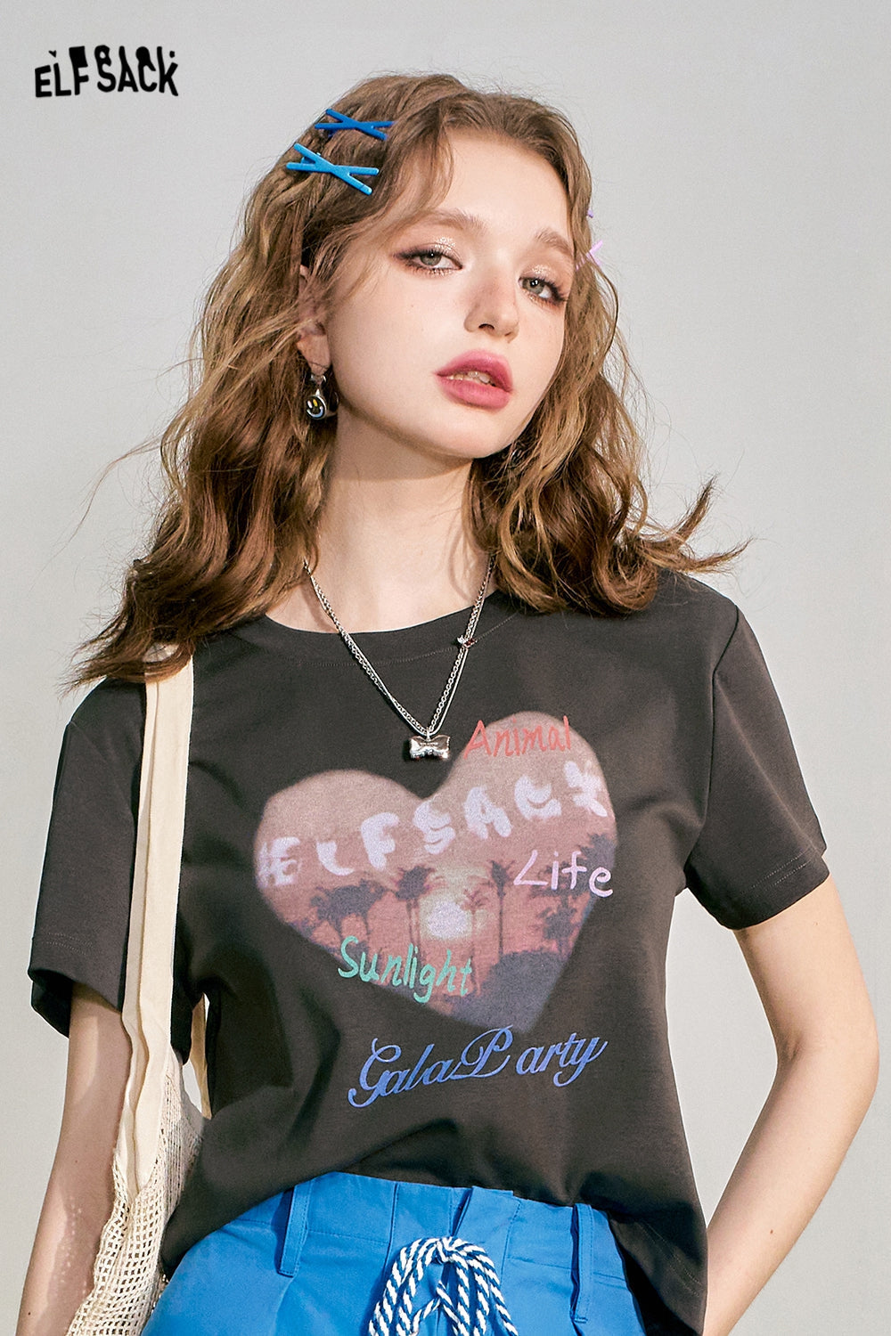 ELFSACK Love Print BM Slim Fit Short Sleeve T-shirt Women's Slim Short Top
