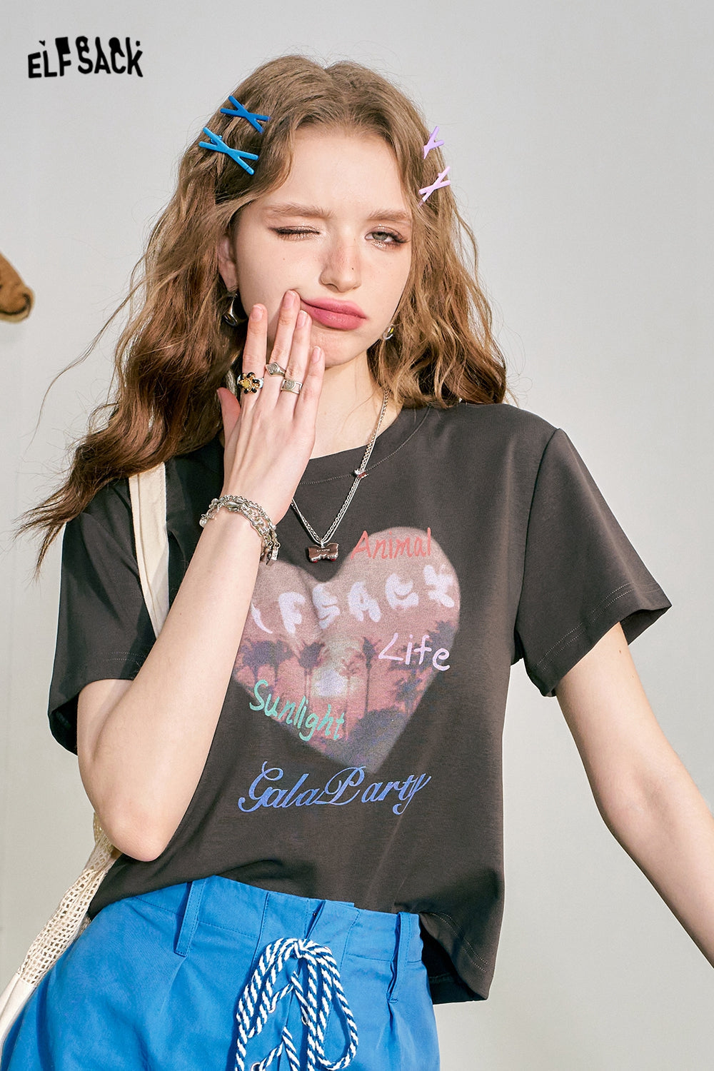 ELFSACK Love Print BM Slim Fit Short Sleeve T-shirt Women's Slim Short Top