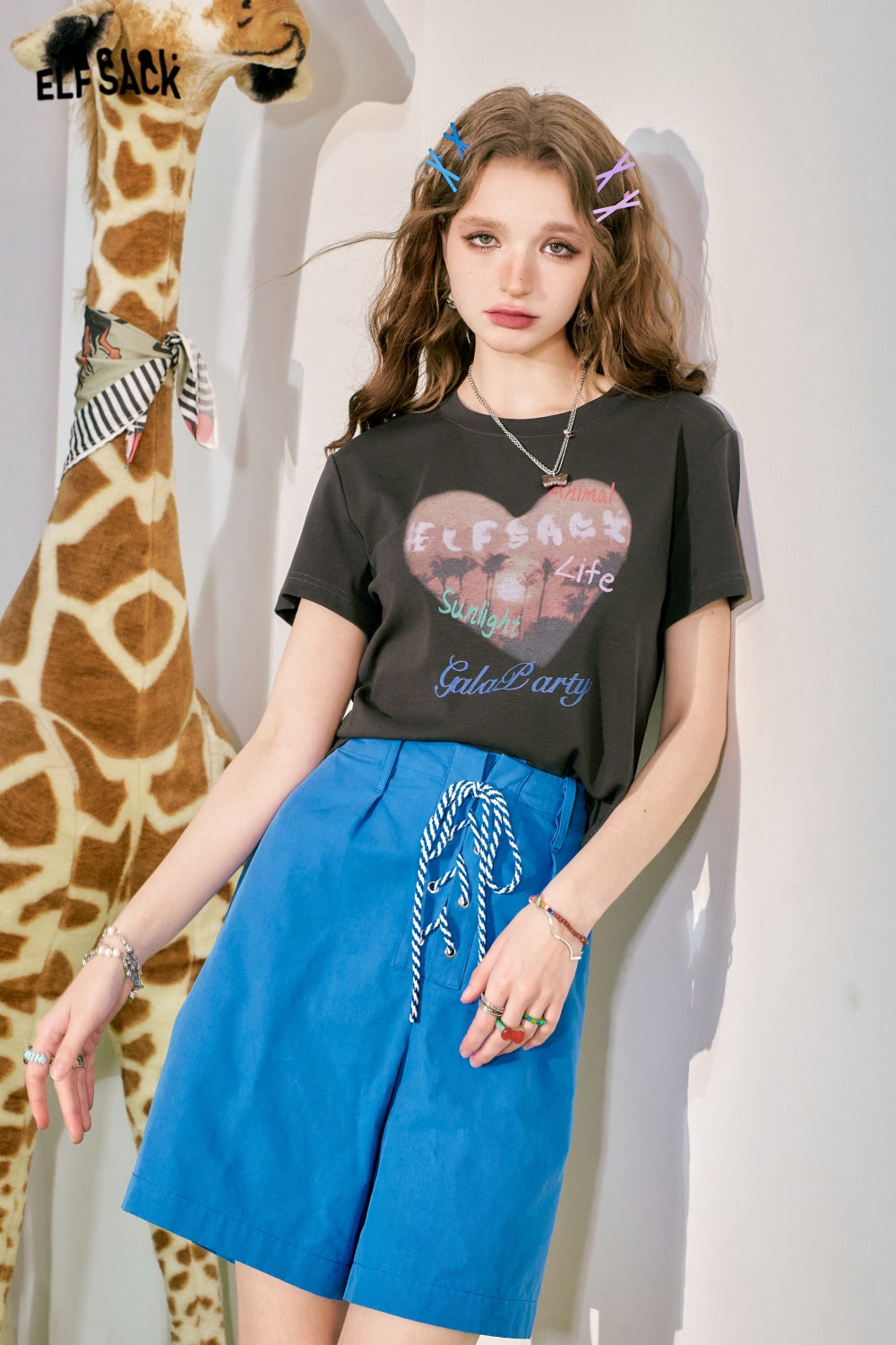 ELFSACK Love Print BM Slim Fit Short Sleeve T-shirt Women's Slim Short Top