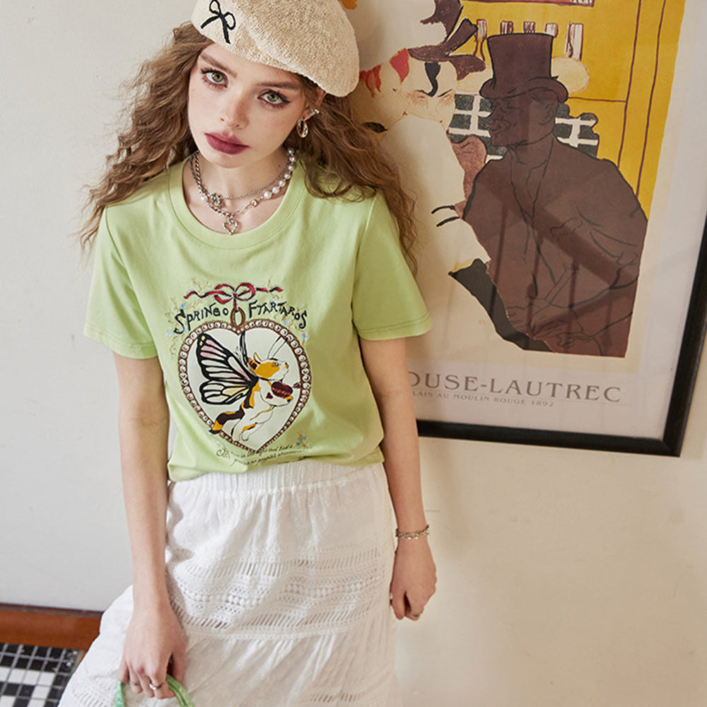 
                  
                    ELFSACK 2024 Summer New Cat print straight shoulder casual versatile slim short sleeve T-shirt for women
                  
                