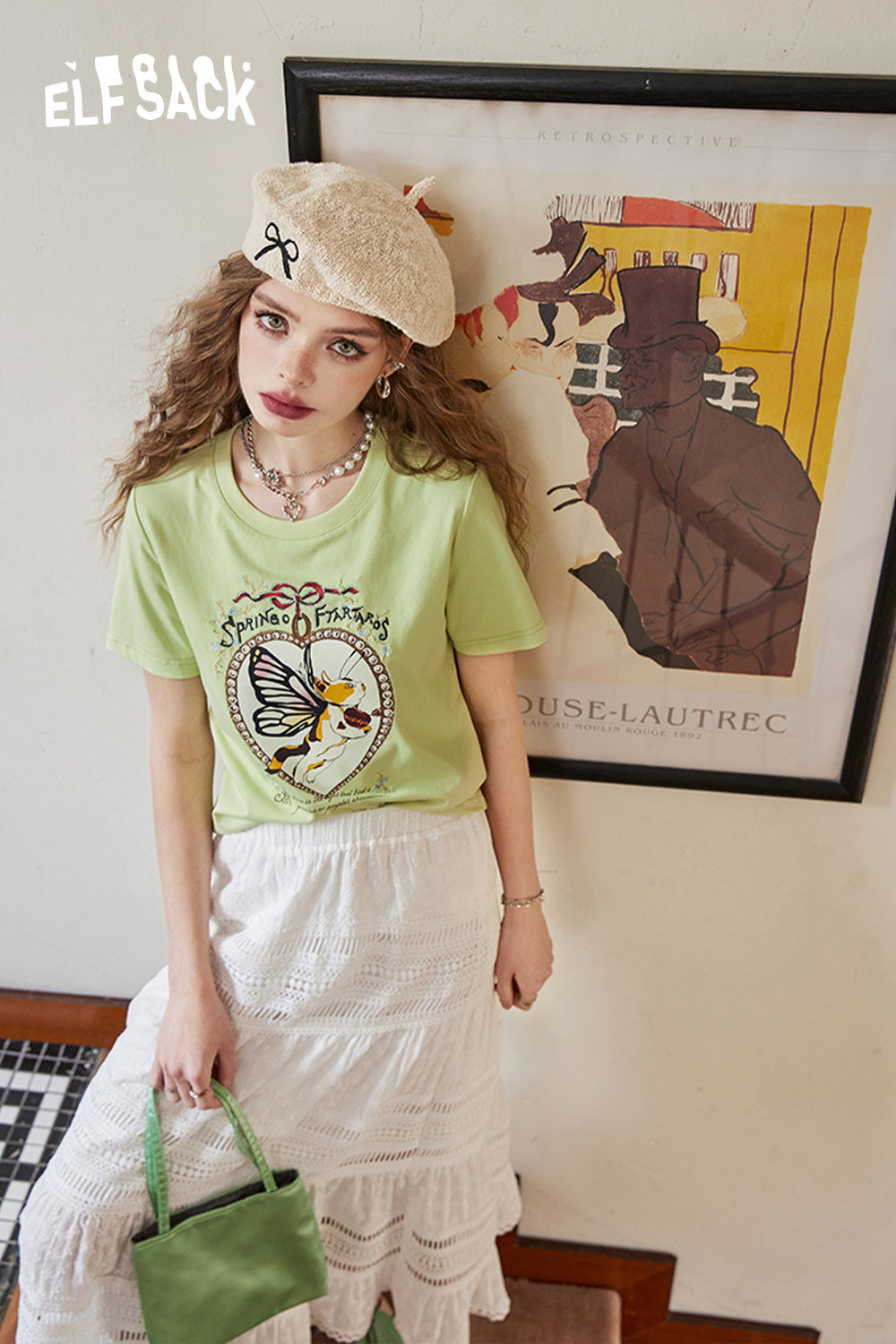ELFSACK Cat print straight shoulder casual versatile slim short sleeve T-shirt
