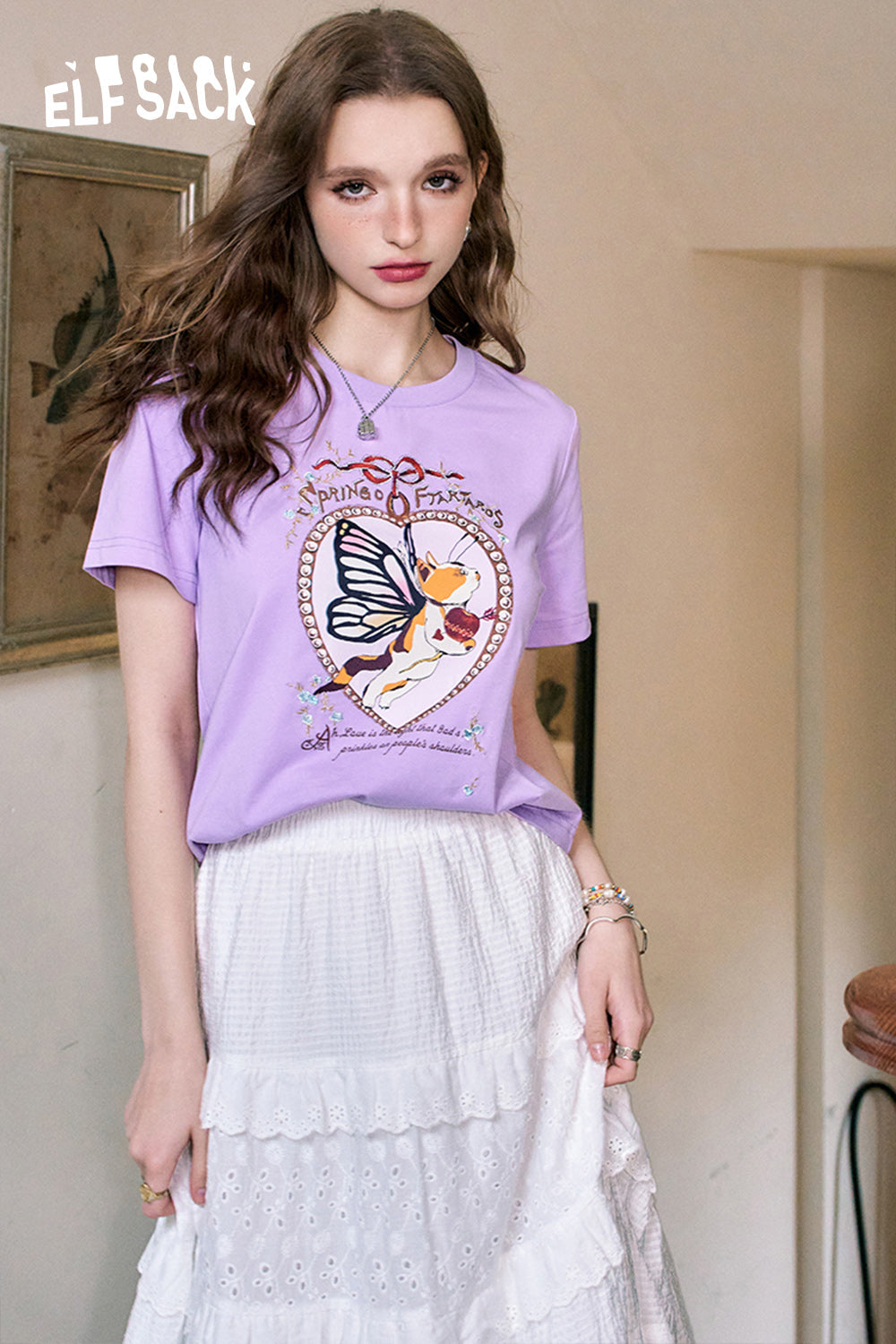 ELFSACK Cat print straight shoulder casual versatile slim short sleeve T-shirt