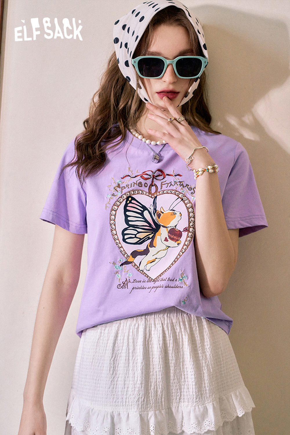 ELFSACK Cat print straight shoulder casual versatile slim short sleeve T-shirt