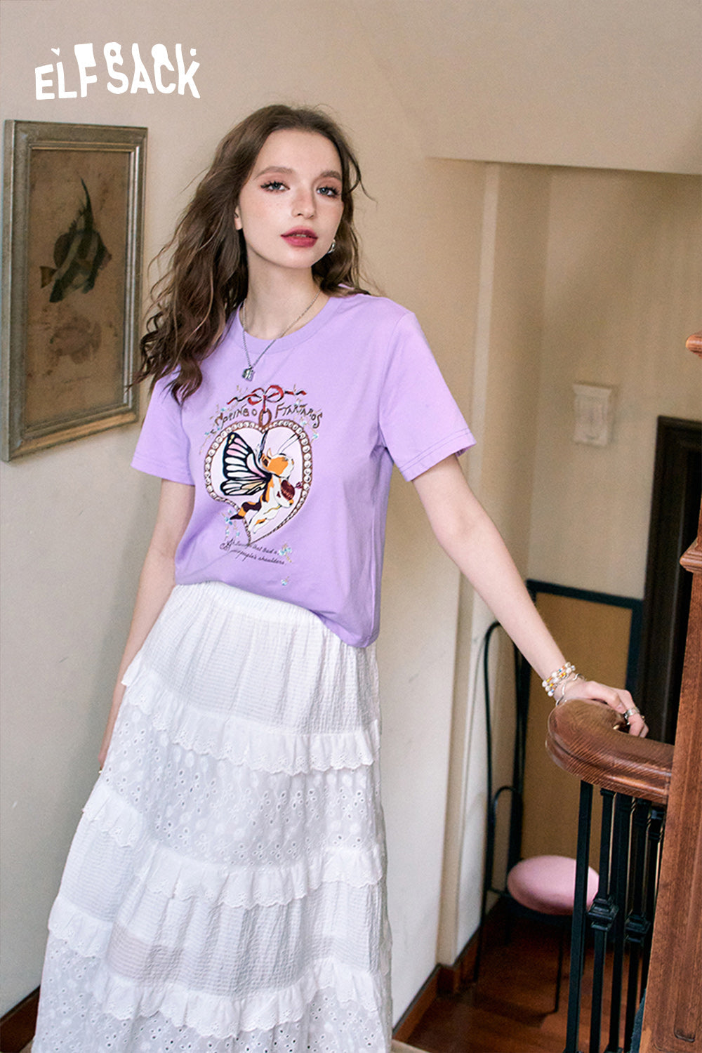 ELFSACK Cat print straight shoulder casual versatile slim short sleeve T-shirt