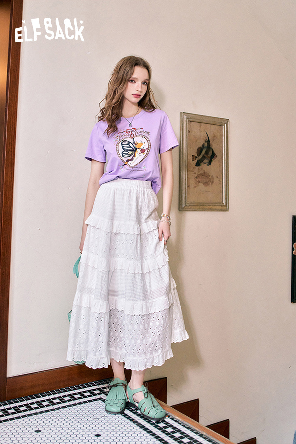 ELFSACK Cat print straight shoulder casual versatile slim short sleeve T-shirt