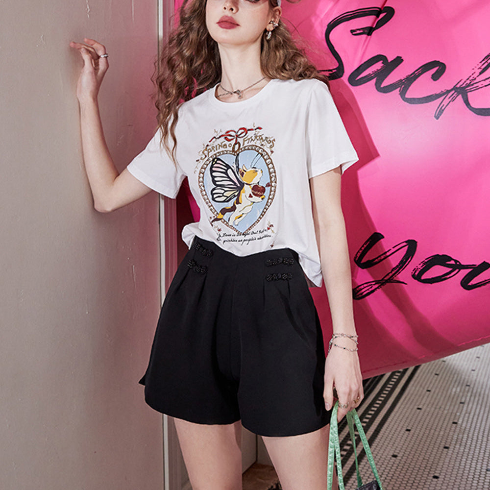 
                  
                    ELFSACK 2024 Summer New Cat print straight shoulder casual versatile slim short sleeve T-shirt for women
                  
                