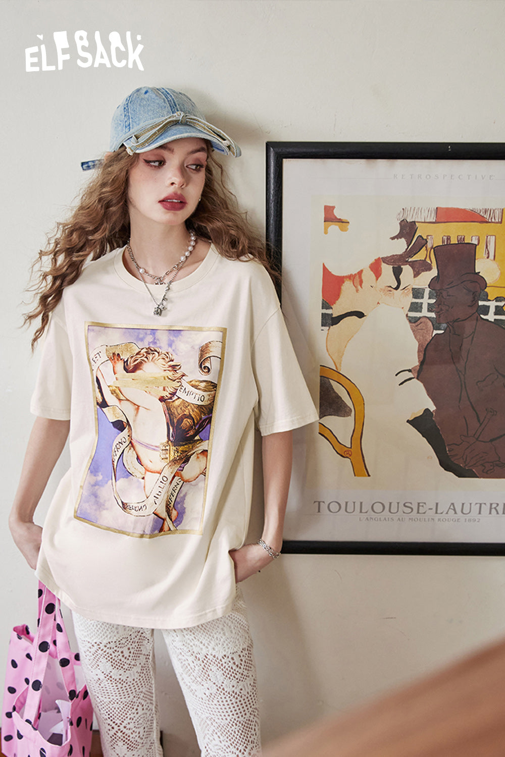 ELFSACK White loose printed angel pattern gold frame versatile short-sleeved T-shirt