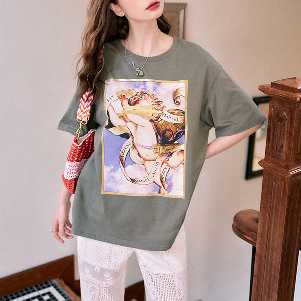 
                  
                    ELFSACK 2024 Summer New White loose printed angel pattern gold frame versatile short-sleeved T-shirt for women
                  
                