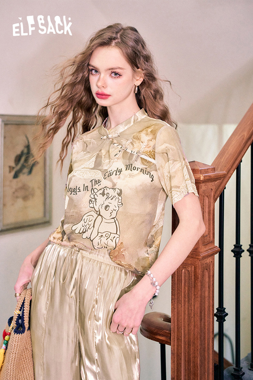ELFSACK Chinese style buttoned angel design loose Chinese style short-sleeved T-shirt
