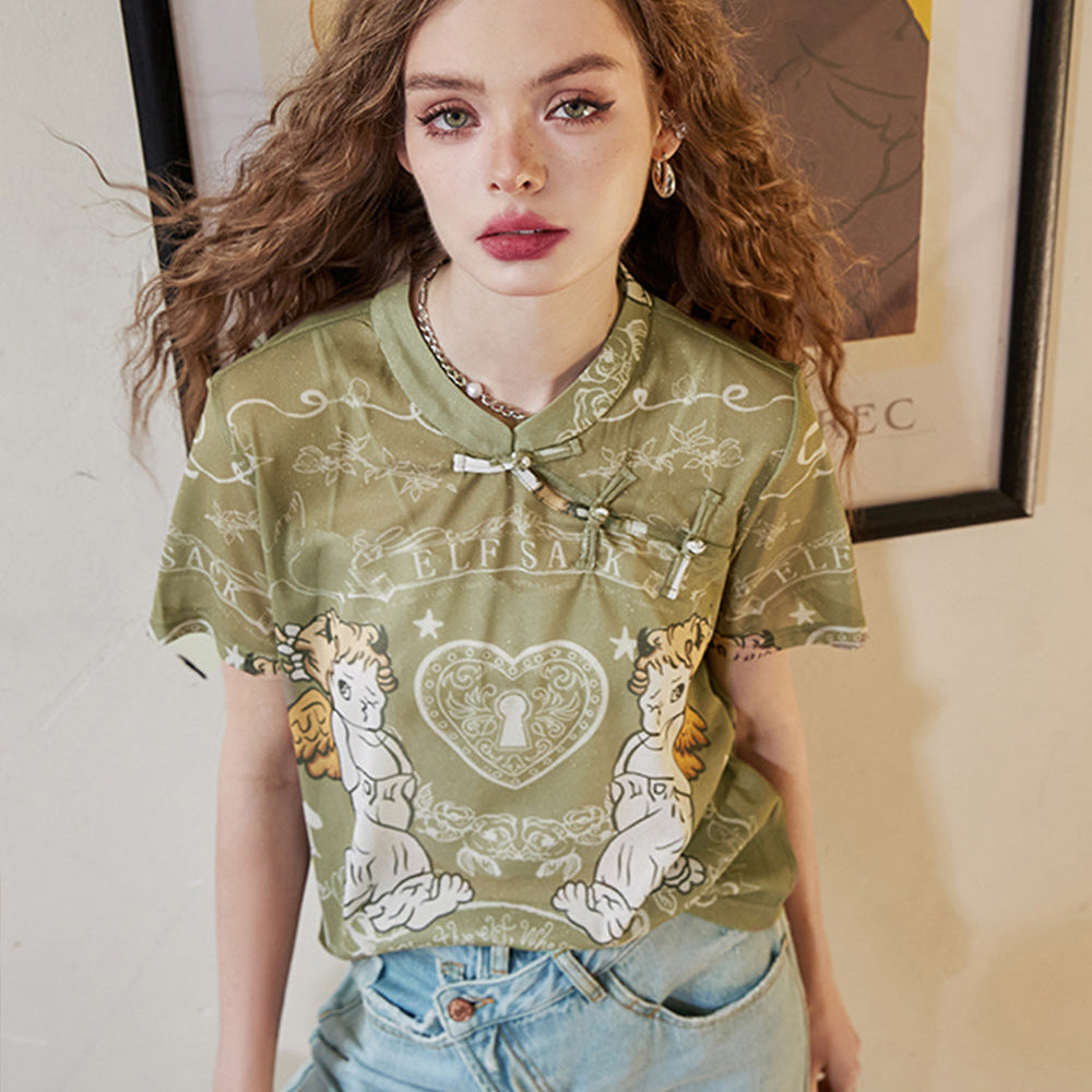 ELFSACK 2024 Summer New Chinese style buttoned angel design loose Chinese style short-sleeved T-shirt for women