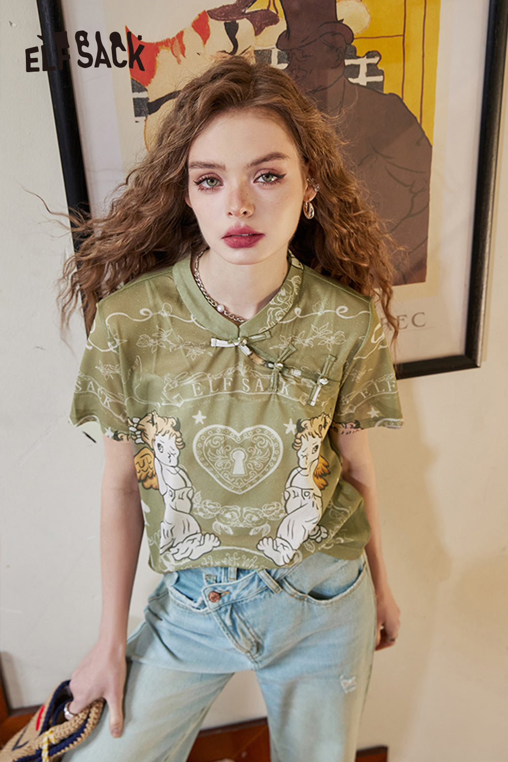 ELFSACK 2024 Summer New Chinese style buttoned angel design loose Chinese style short-sleeved T-shirt for women