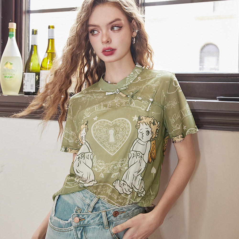 ELFSACK 2024 Summer New Chinese style buttoned angel design loose Chinese style short-sleeved T-shirt for women