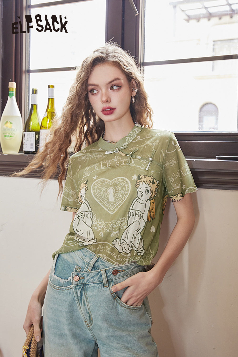 ELFSACK 2024 Summer New Chinese style buttoned angel design loose Chinese style short-sleeved T-shirt for women