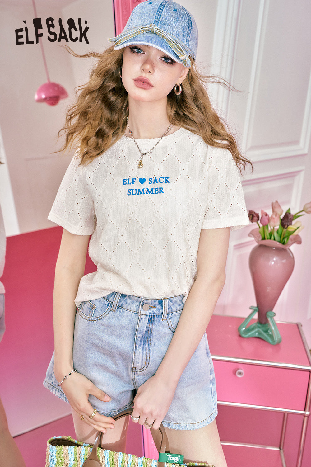 ELFSACK Letter printed loose short sleeved T-shirt's loose shoulder slimming shirt