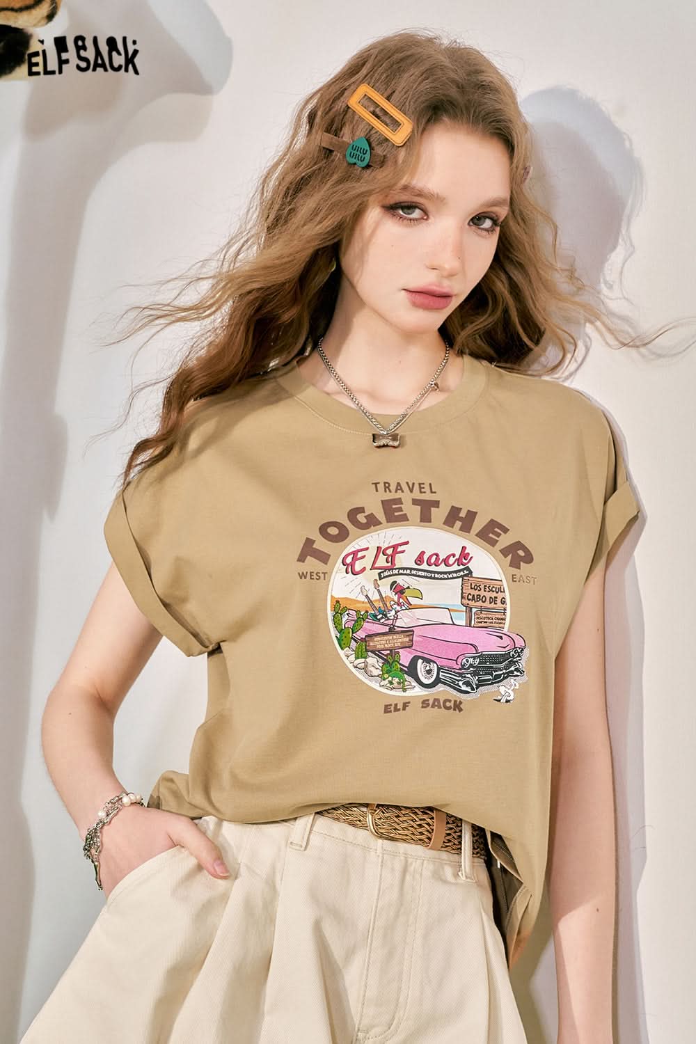 ELFSACK Pink Loose Short sleeved T-shirt Women's Cuff Lace Design Slimming Top