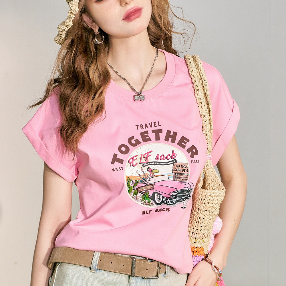 
                  
                    ELFSACK 2024 Summer New Pink Loose Short sleeved T-shirt Women's Cuff Lace Design Slimming Top
                  
                