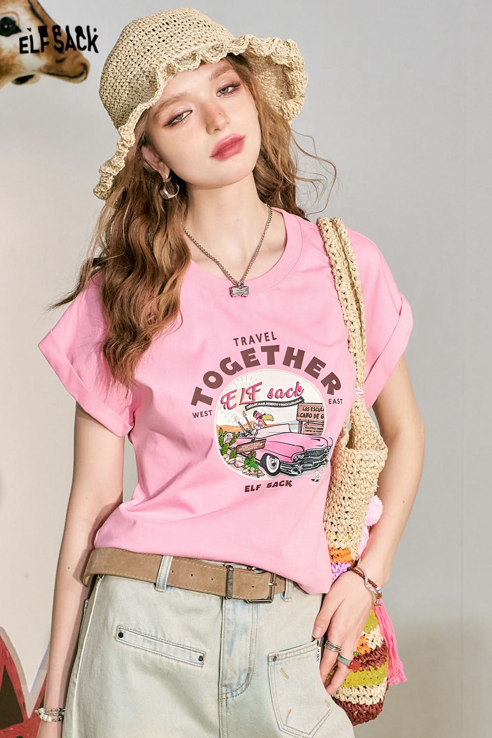 ELFSACK Pink Loose Short sleeved T-shirt Women's Cuff Lace Design Slimming Top