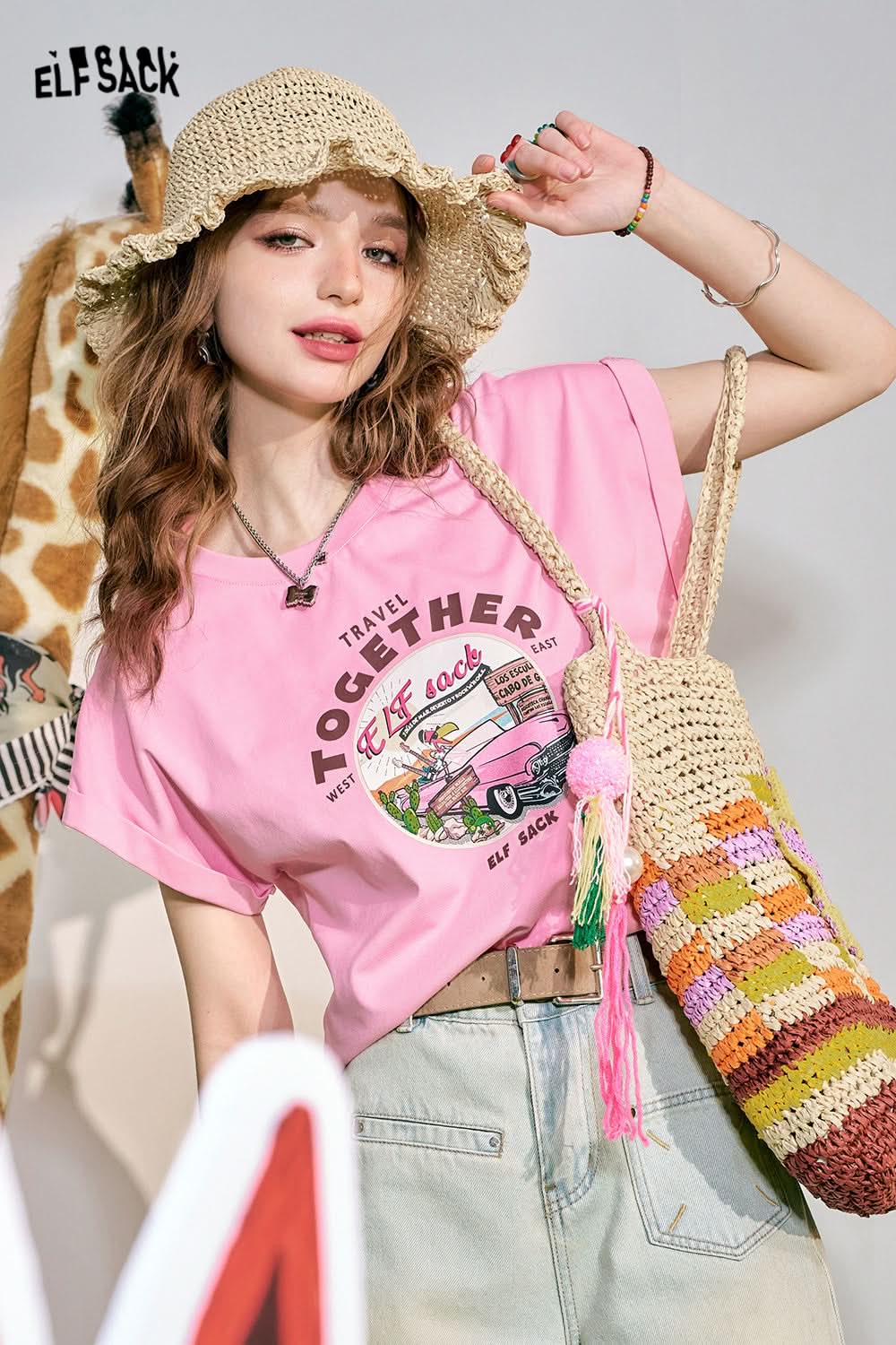 ELFSACK Pink Loose Short sleeved T-shirt Women's Cuff Lace Design Slimming Top