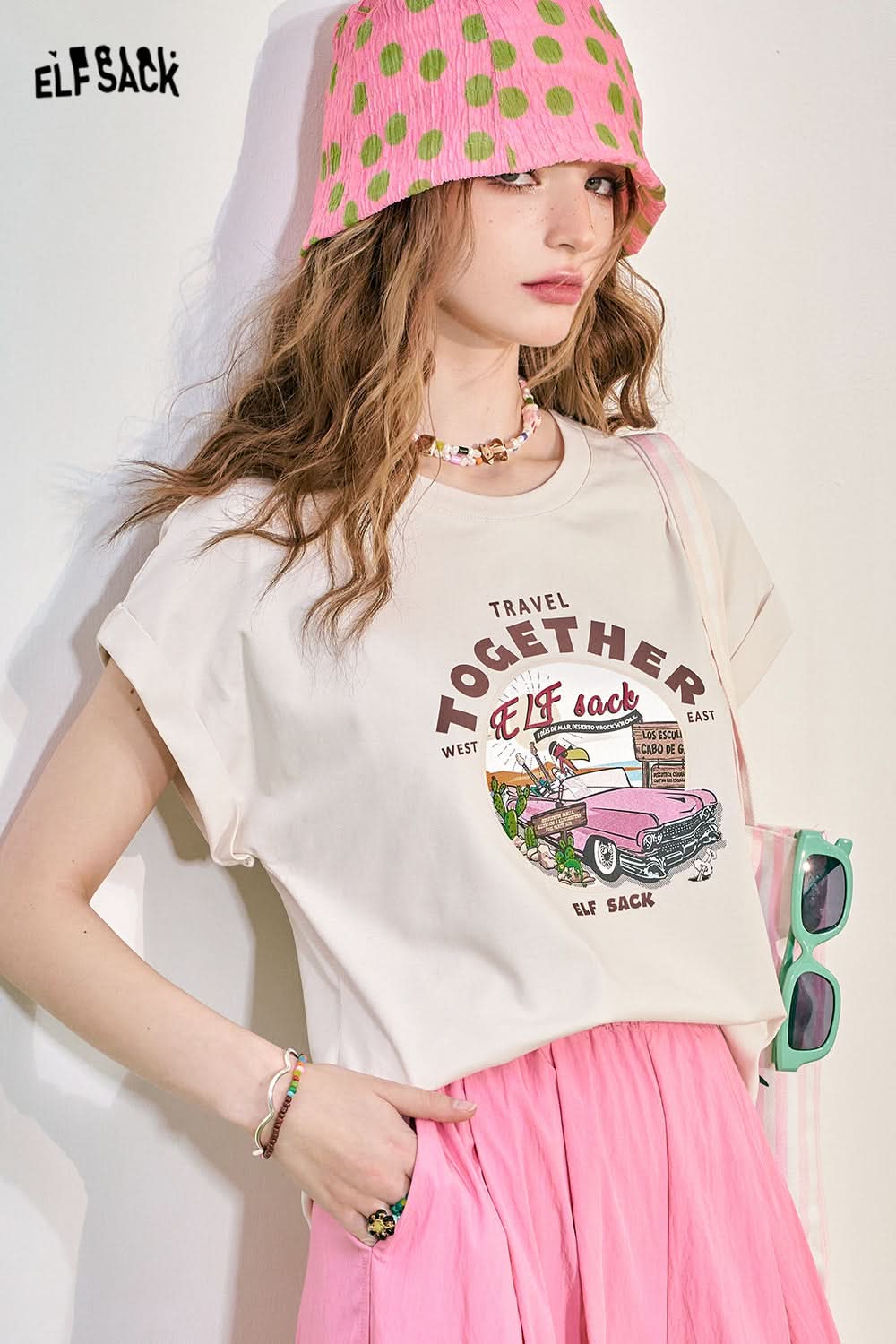 ELFSACK Pink Loose Short sleeved T-shirt Women's Cuff Lace Design Slimming Top