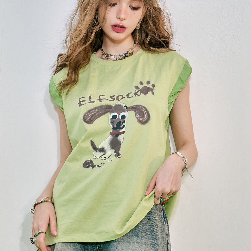 
                  
                    ELFSACK New summer 2024 dog print short sleeved t-shirt with elastic and anti glare design at the cuffs for women
                  
                